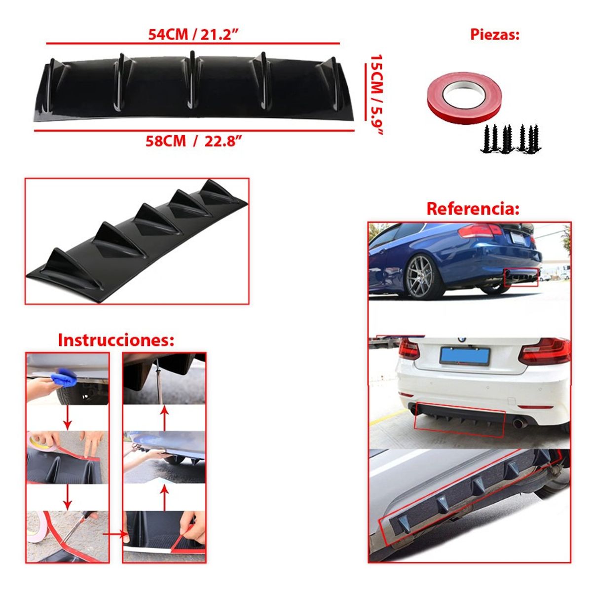 GENERICO - Difusor 5 Puntas Parachoque Trasero Adhesivo Universal Auto