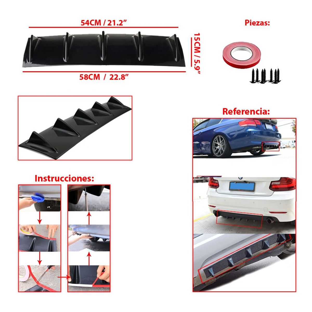GENERICO - Difusor 5 Puntas Parachoque Trasero Adhesivo Universal Auto