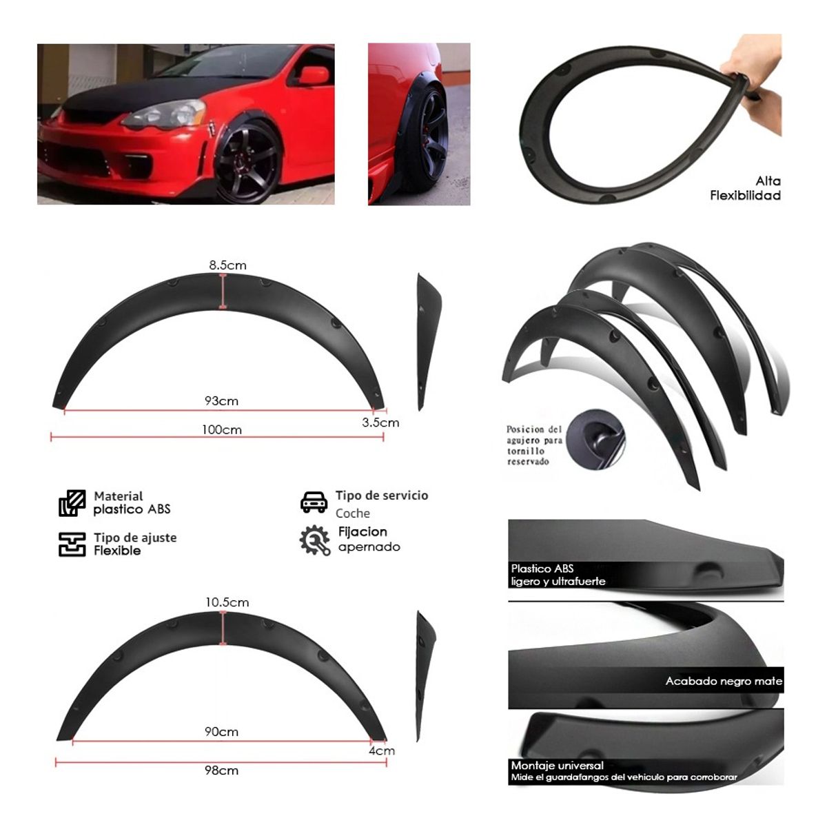 GENERICO - X4 Fender Flares Flexibles Tapabarro Tuning Negro Auto-2med