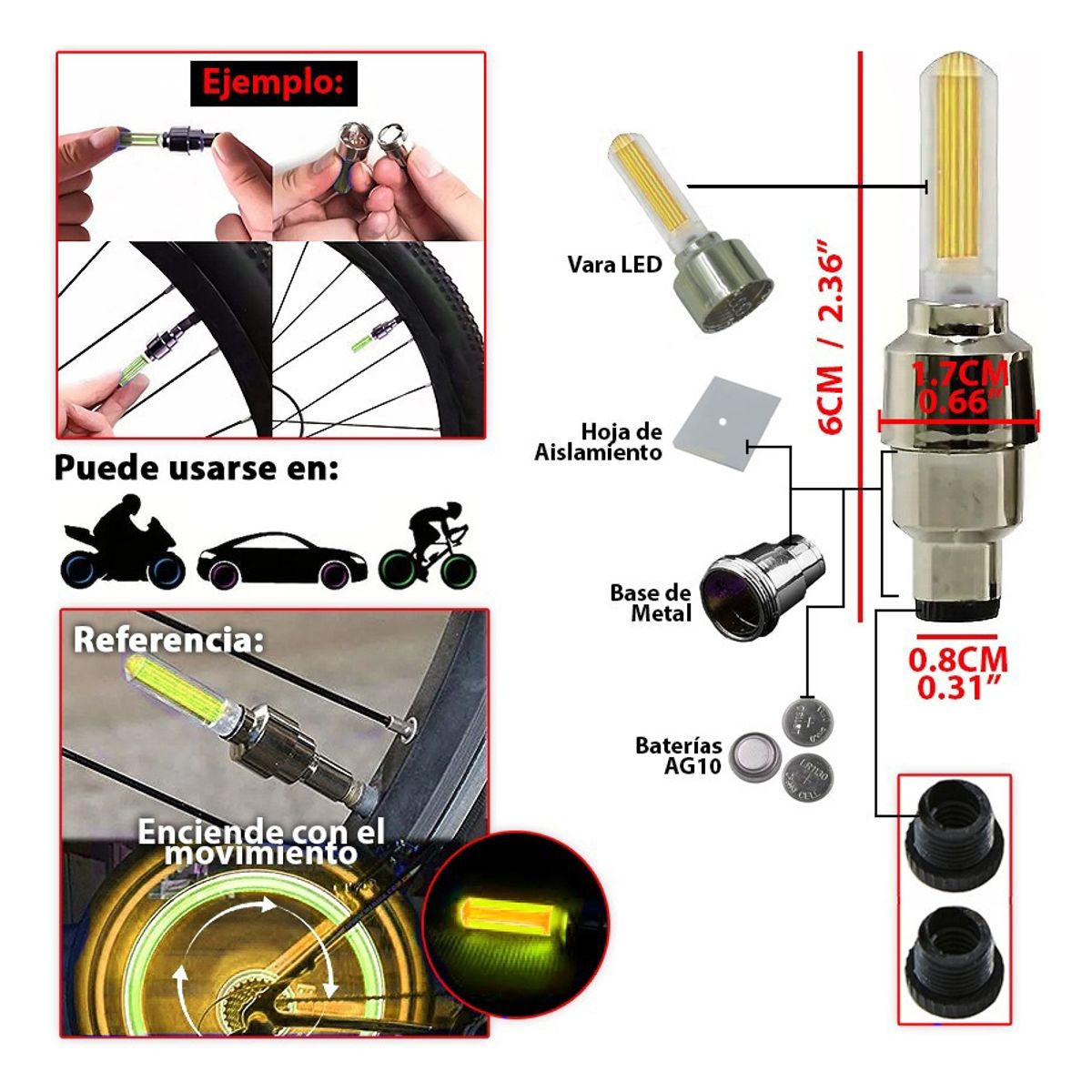 GENERICO - X4 Tapa Válvula Luz Led Neumático Bici Moto Auto