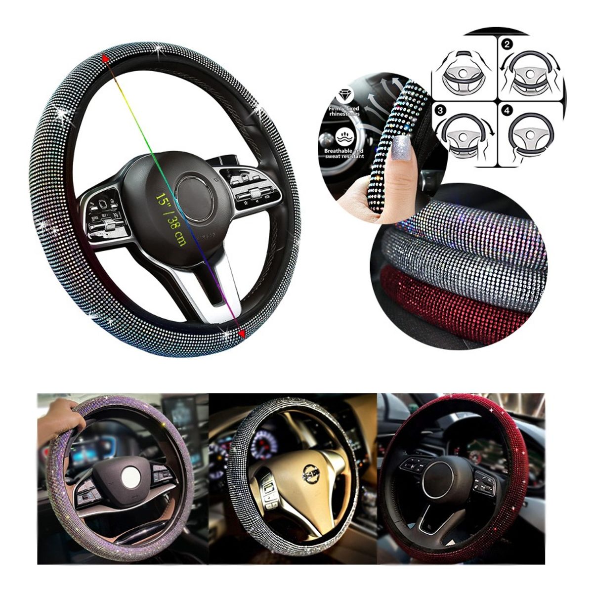 GENERICO - Funda Cubre Volante Auto Diamante Eco Cuero Negro