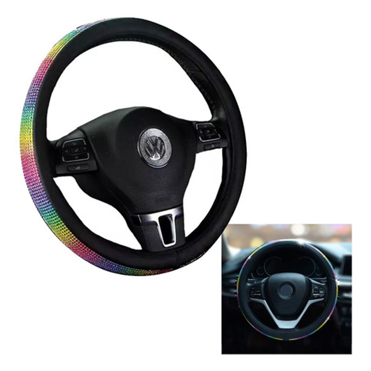 GENERICO - Funda Cubre Volante Auto Diamante Arcoiris