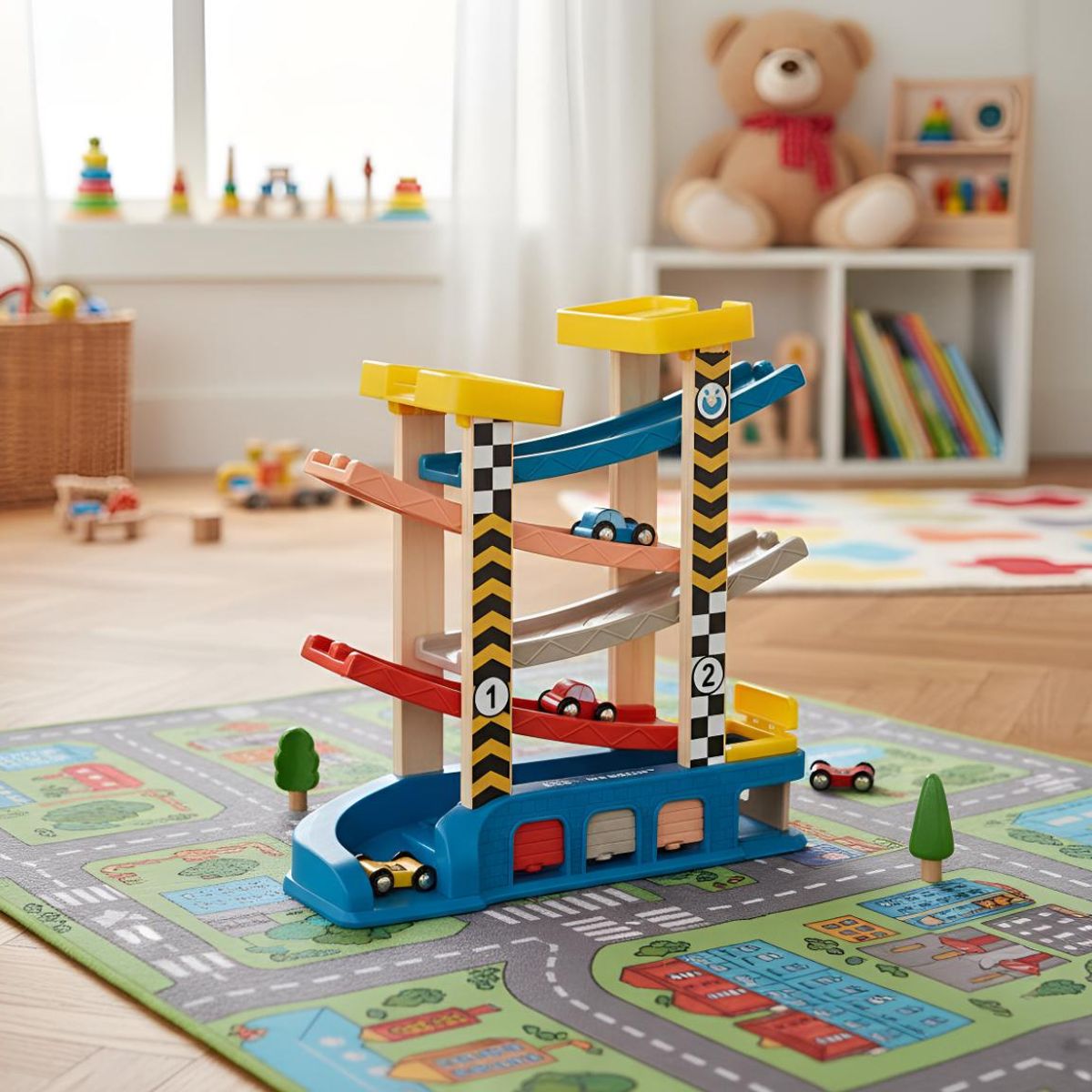 HAOKIDS - Pista de madera con garage y estación de servicio + 4 autos