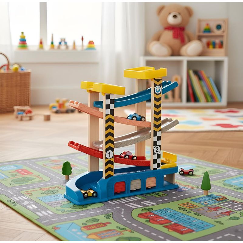 HAOKIDS - Pista de madera con garage y estación de servicio + 4 autos