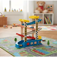 HAOKIDS - Pista de madera con garage y estación de servicio + 4 autos