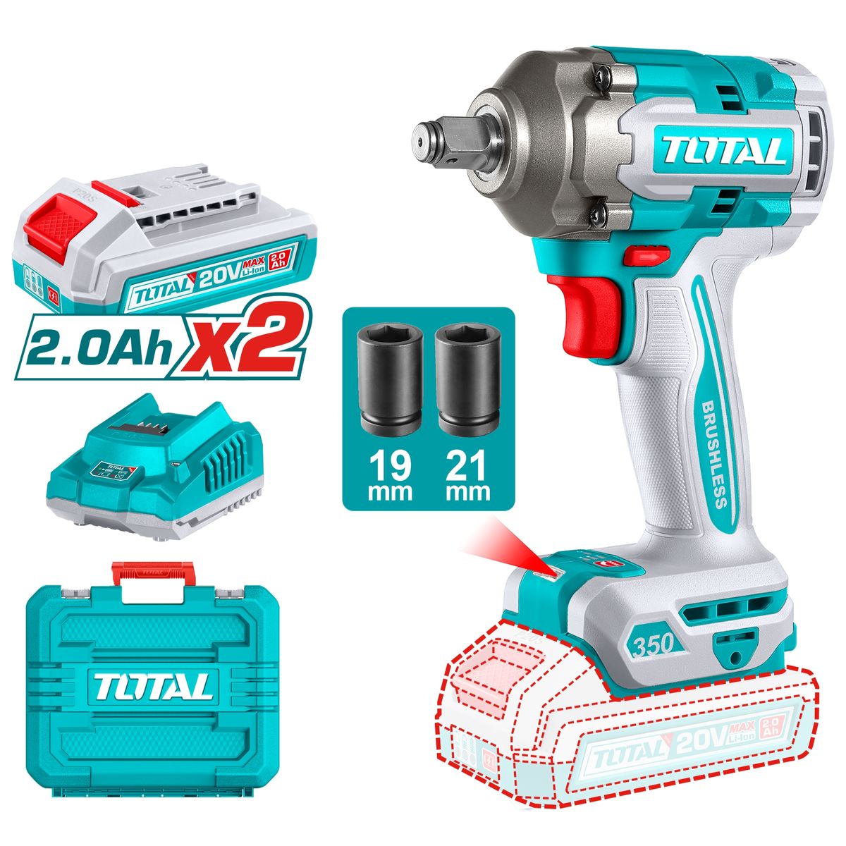 TOTAL TOOLS - Llave de Impacto Inalambrica 1/2" 20V 350nm Total