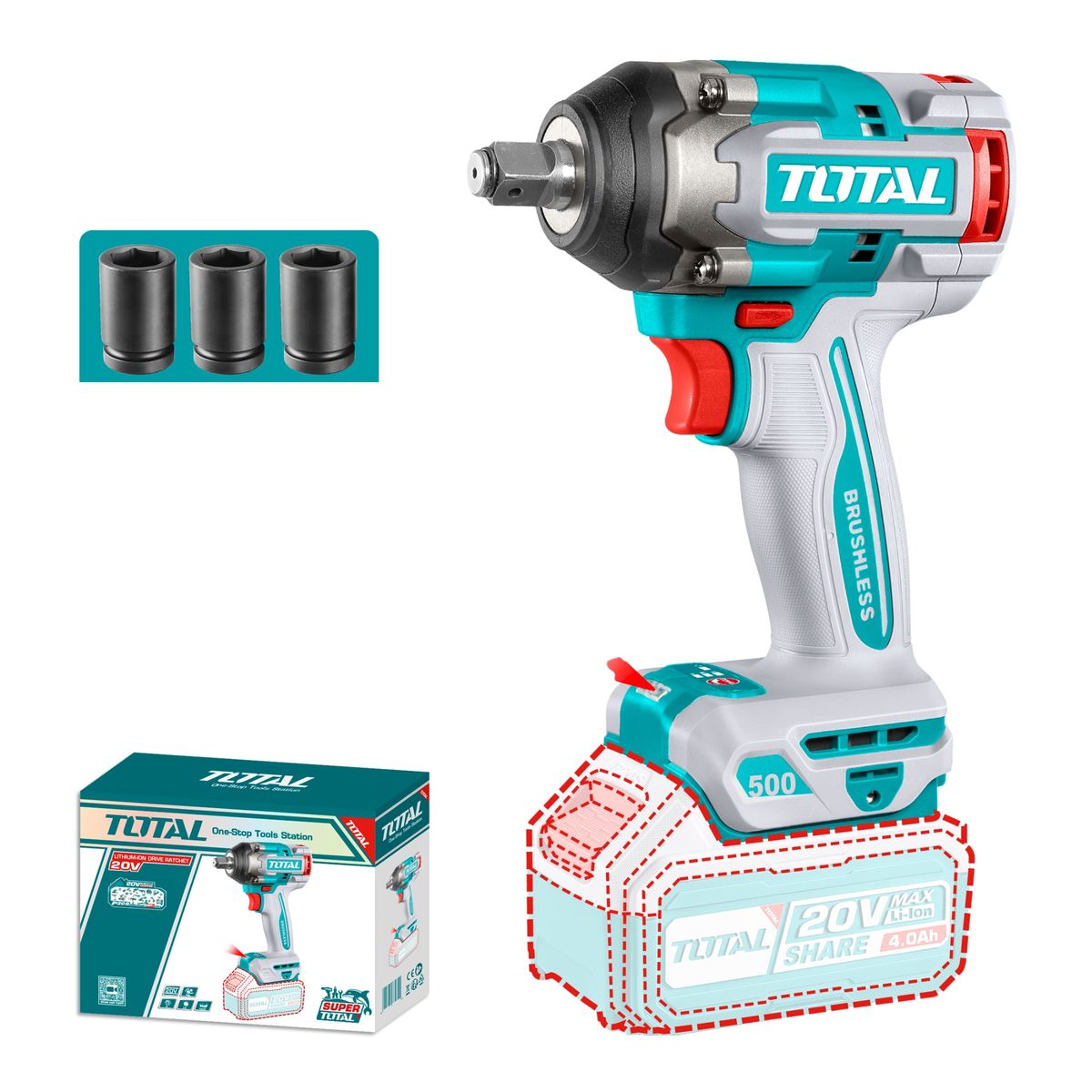 TOTAL TOOLS - Llave de Impacto inalámbrica 1/2" 20V 500nm Total