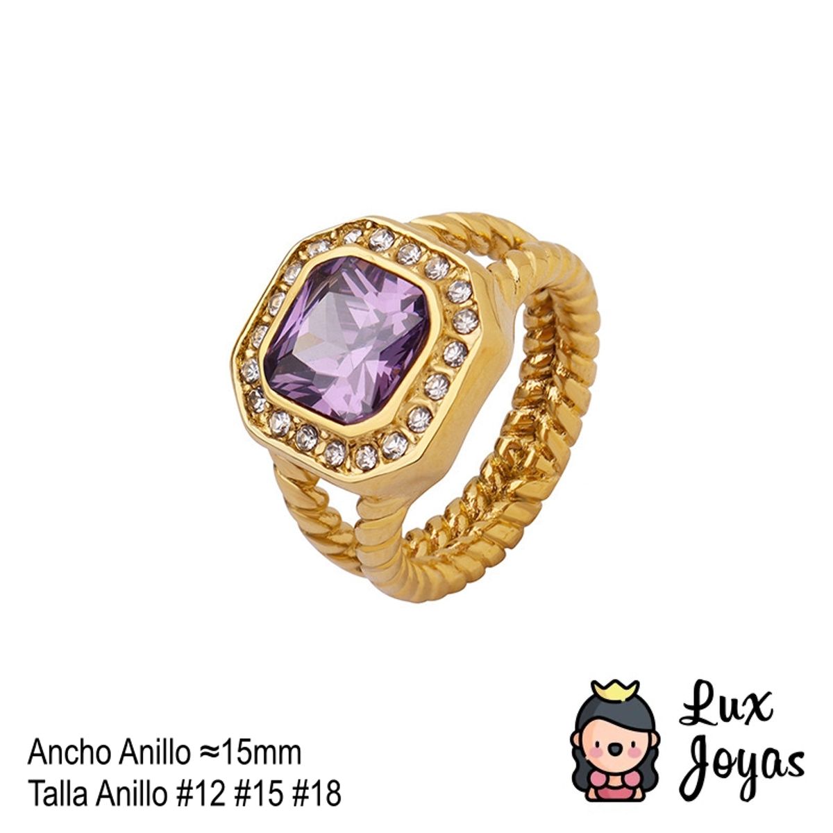 LUX JOYAS - Anillo Baño Oro Amarillo 18k Solitario Amatista Circones