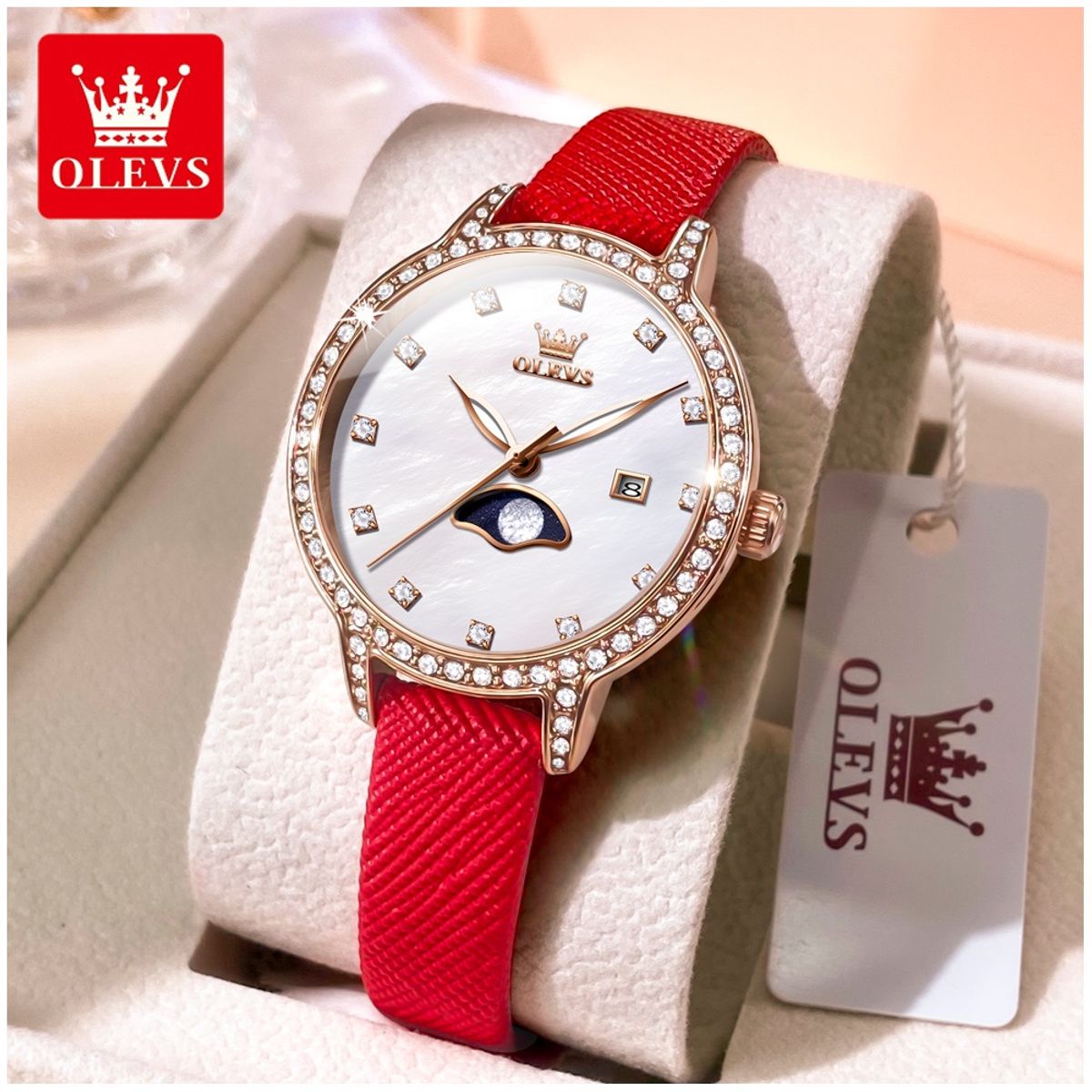 STARTECHOFFICE - Reloj de Pulsera Mujer Elegante con Fase Lunar y Correa de Cuero Rojo