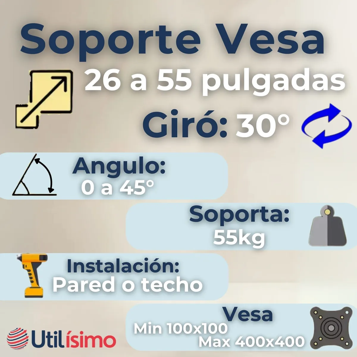LINE - Soporte TV Techo Pared Ajustable 55Kg 26 a 55 Pulgadas