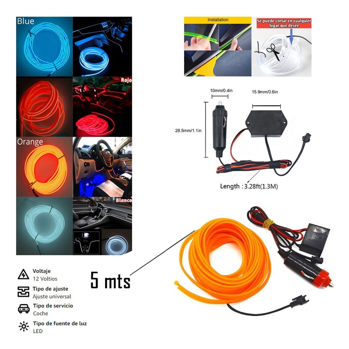 GENERICO - Hilo Tira Luz Neon Colores Azul O Rojo Led Auto 5m