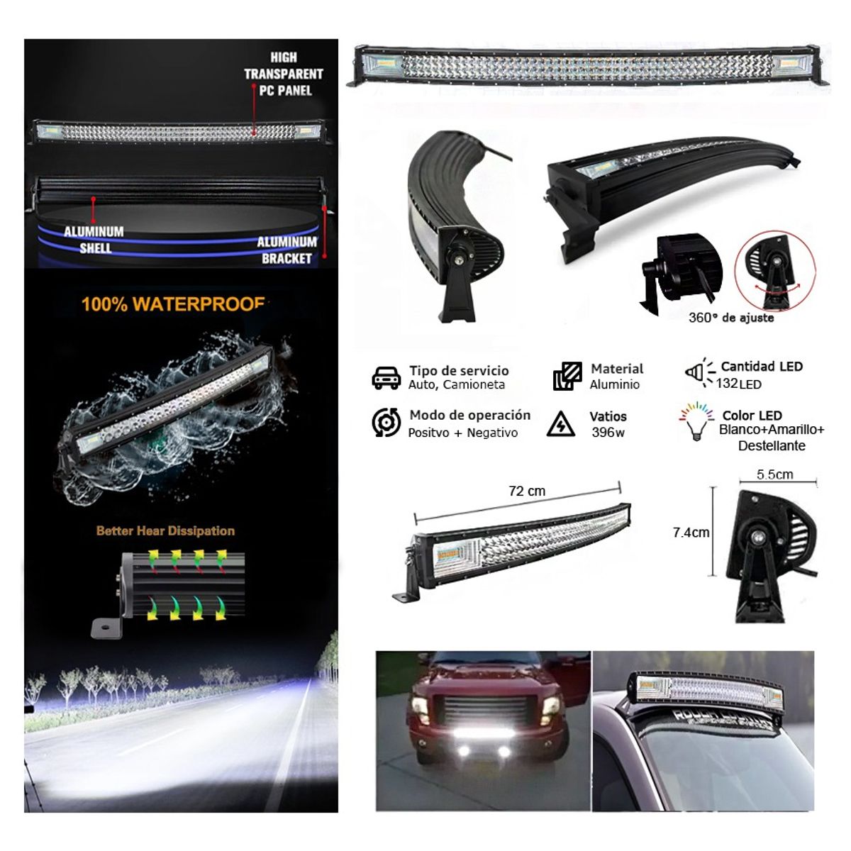 GENERICO - Barra 132 Led 396w Curva Blanco+ama+destell - Envio Gratis