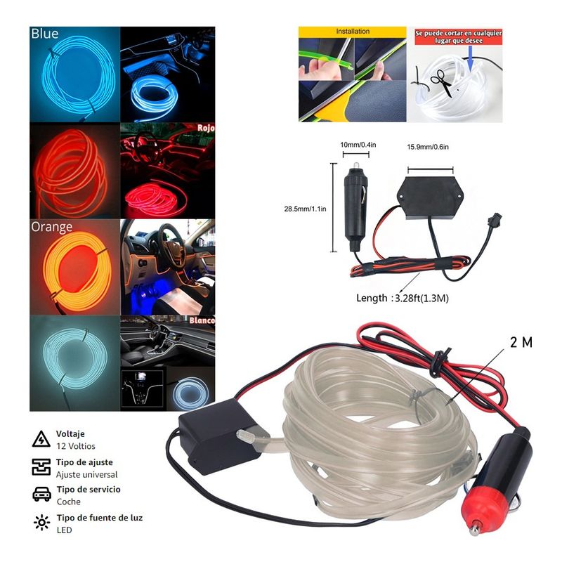 GENERICO - Hilo Tira Luz Neon Colores Varios Led Auto 2m