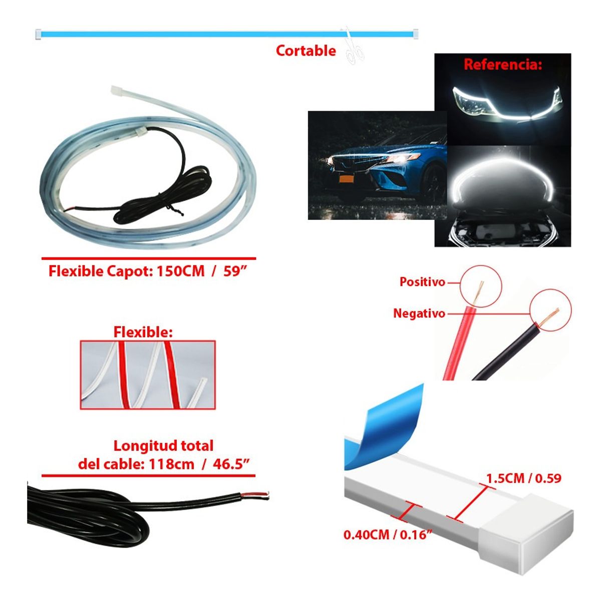 GENERICO - Tira Luz Led 150cm Capot Adhesiva Blanca 12v Auto Camioneta