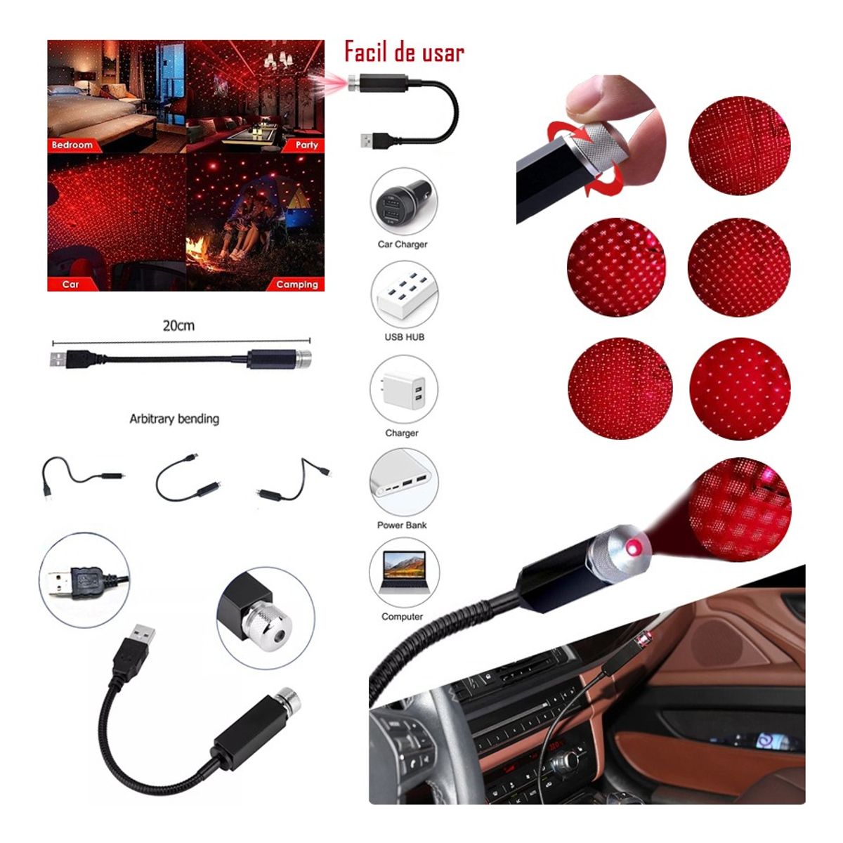 GENERICO - Lampara De Techo Led 12v Usb Auto Proyector Estrellas