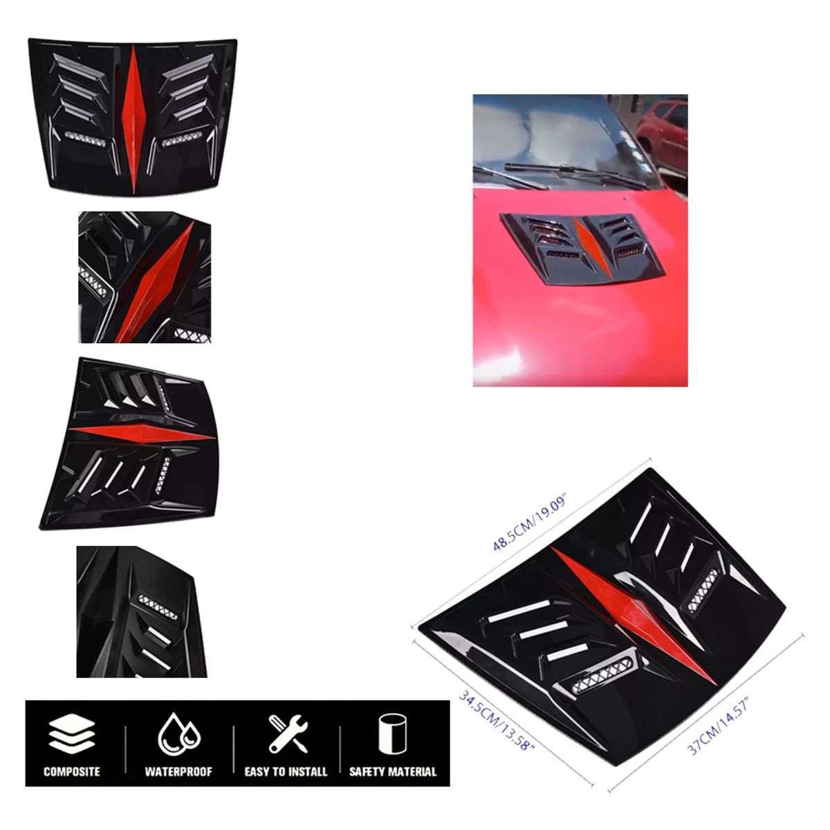 GENERICO - Toma De Aire Capot Auto Tuning Universal Negro Brillo+rojo