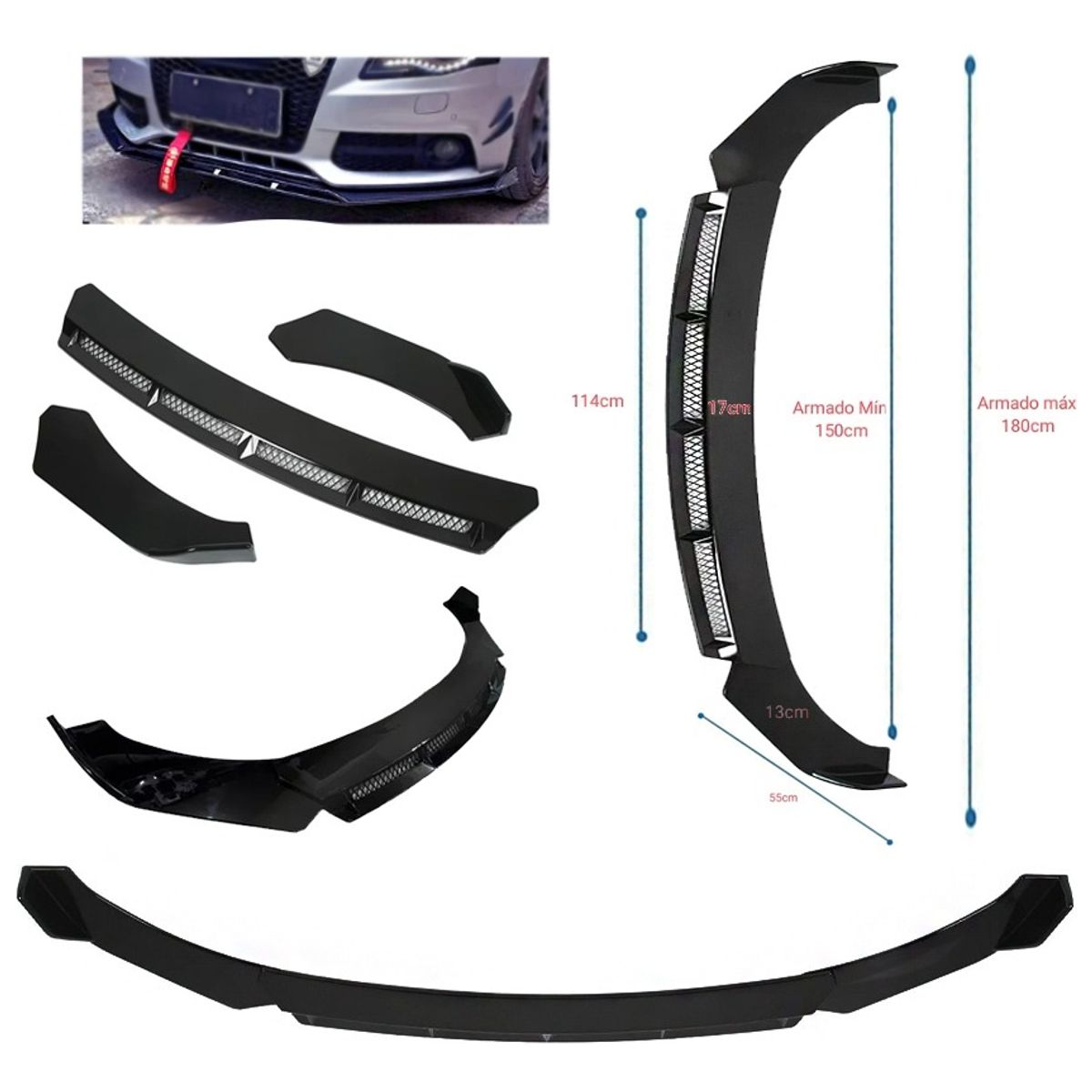 GENERICO - Front Lip Malla Delantero 3 Piezas Negro Brillante