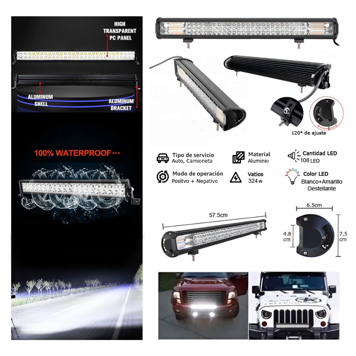 GENERICO - Barra 108 Led 324w Auto 575cm Blanco+amarillo+destellante