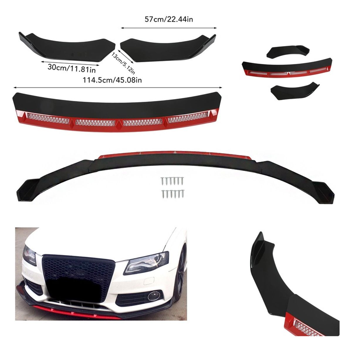 GENERICO - Front Lip Malla Delantero 3 Piezas Negro+rojo Brillante