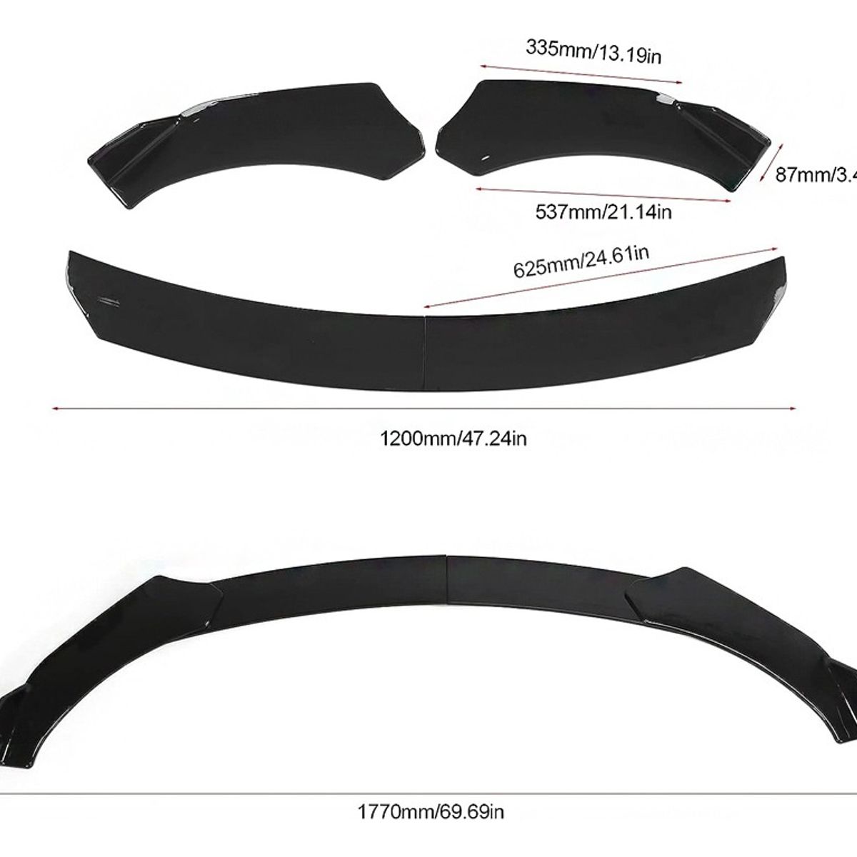 GENERICO - Front Lip 3 Piezas Universal  Negro Brillante