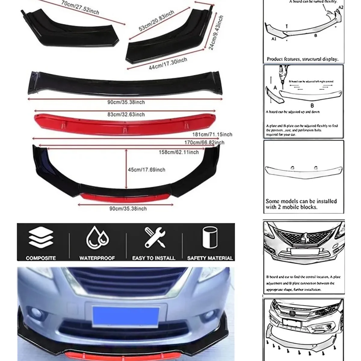 GENERICO - Front Lip 4 Piezas Universal  Negro Brillante
