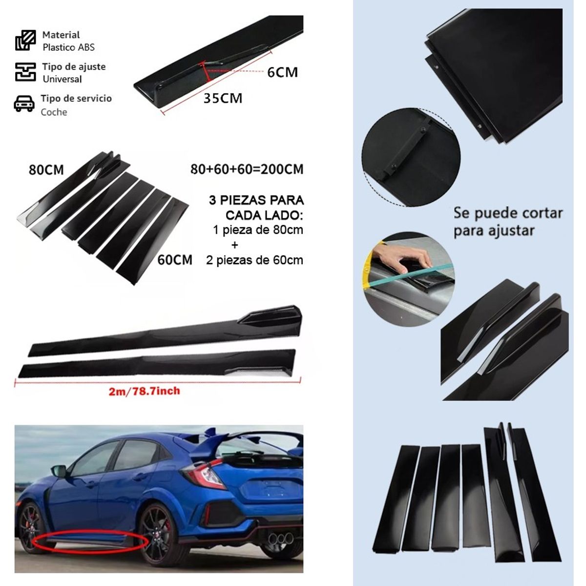 GENERICO - X2 Lip Bumper Faldon Lateral 2 Metros Universal Auto