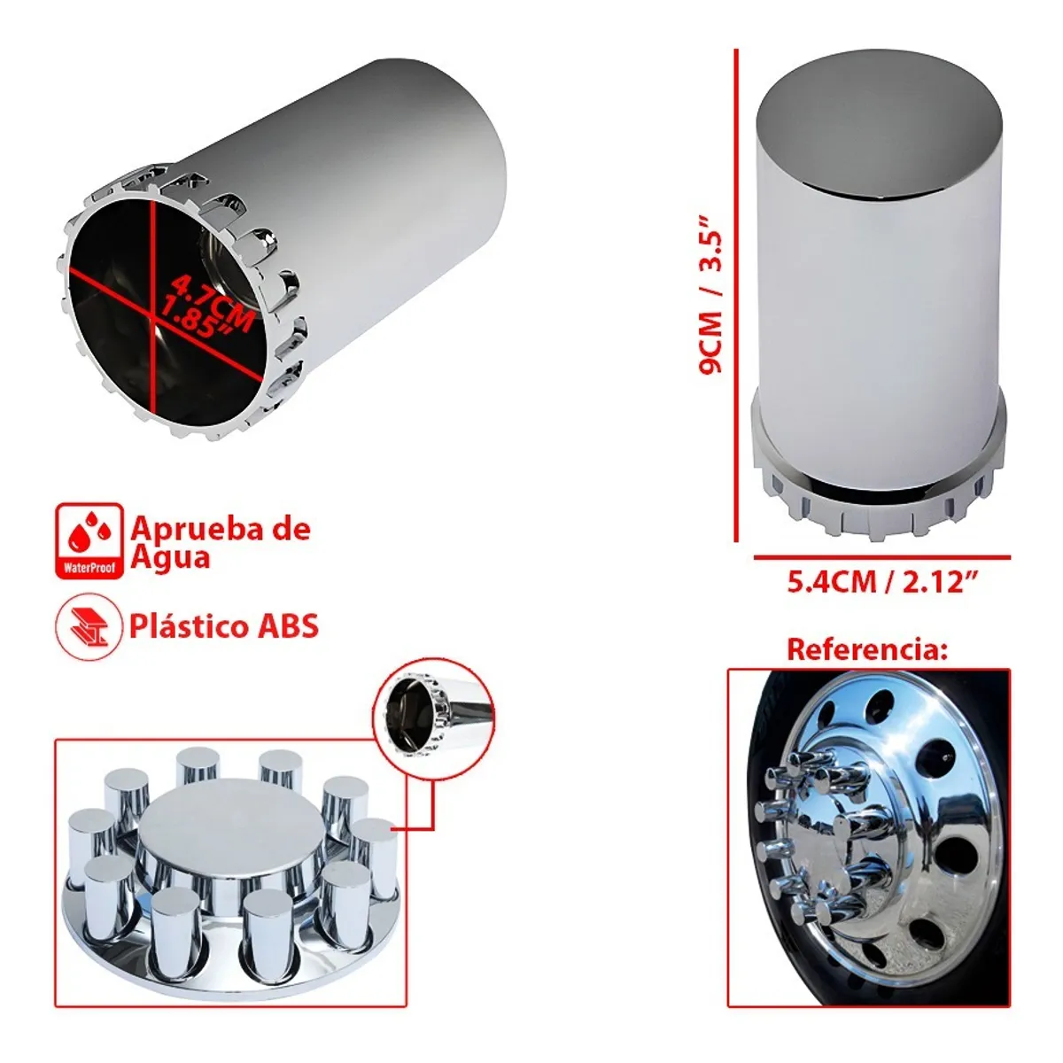GENERICO - Cubre Tuerca Camion Cilindrica X10 Cromada Plastico Abs