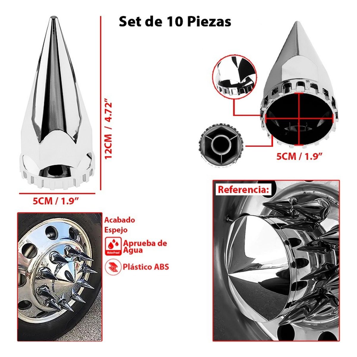 GENERICO - Cubre Tuerca Camion X10 En Punta Cromada Plastico Abs