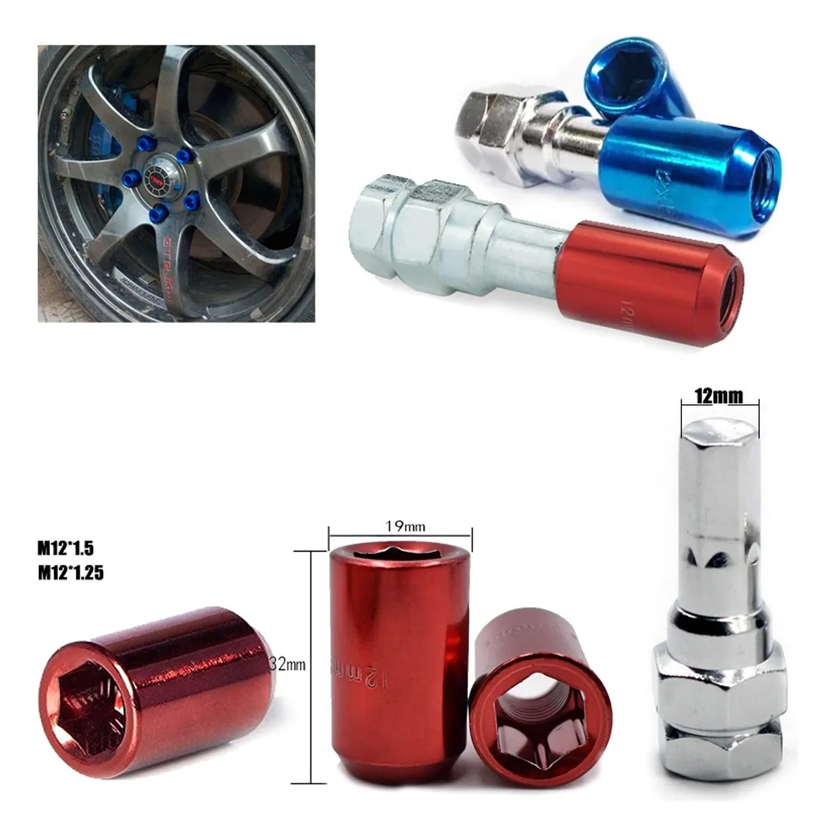 GENERICO - Set 16 Tuercas De Seguridad Colores Con Llave 12mm 12515