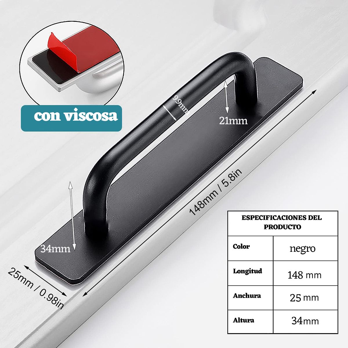 GENERICO - 2 Tiradores De Puerta Autoadhesivo Aleación De Aluminio-Negro