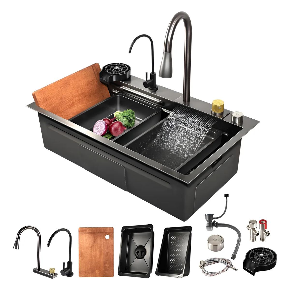 KUANGYE - Lavaplatos Doble Inoxidable Negro 75x45 + Llave + Accesorios