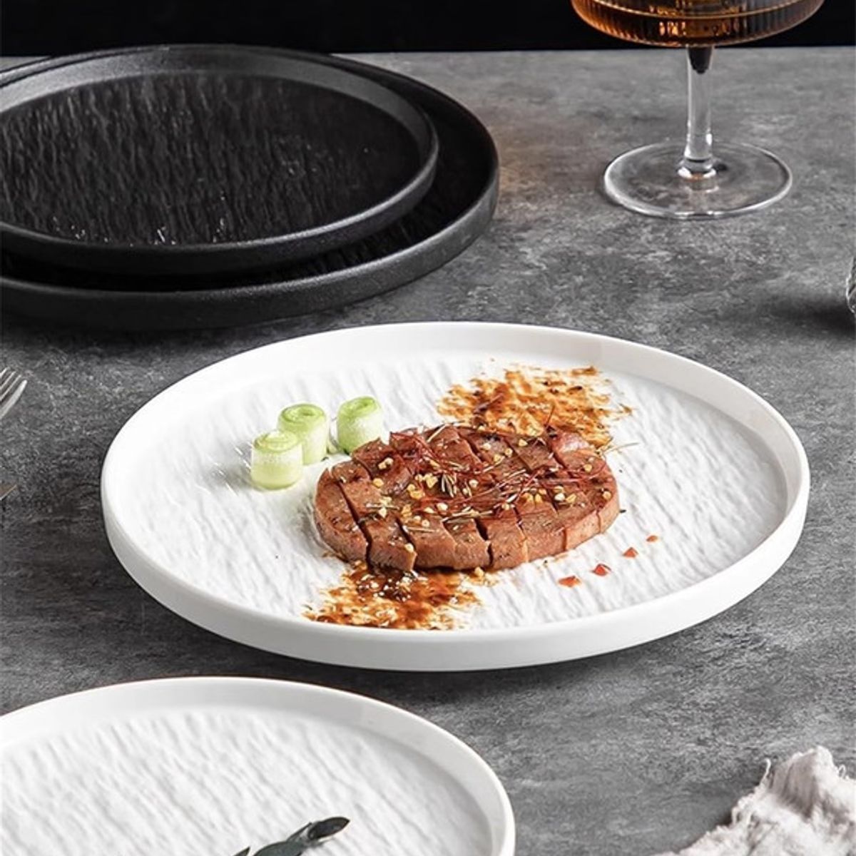 PUREPOWER - 8 Platos Bistec 8in Roca Texturizada - Vajilla Cerámica Lujo Japonés