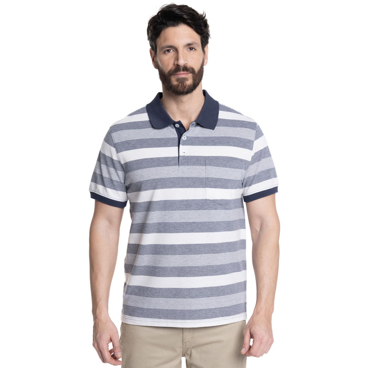 KOTTING - POLERA HOMBRE PIQUÉ LISTADA CUELLO CAMISERO BOLSILLO PECHO KOTTING