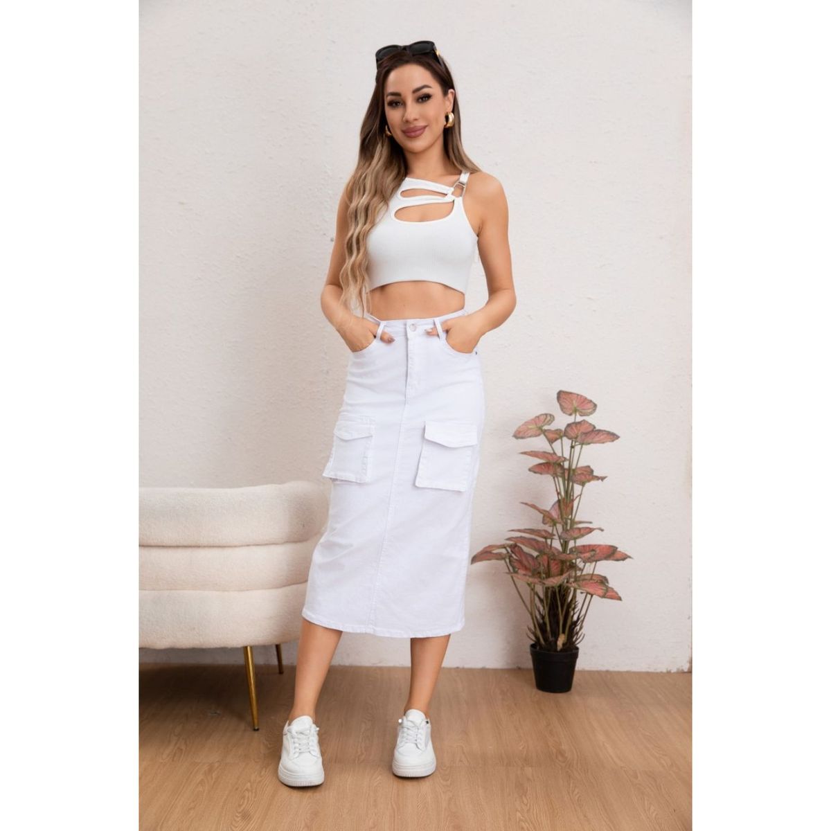 LIKE SHOP - Falda Larga Mujer Cargo Tiro Alto Jeans Full Elasticada 6018