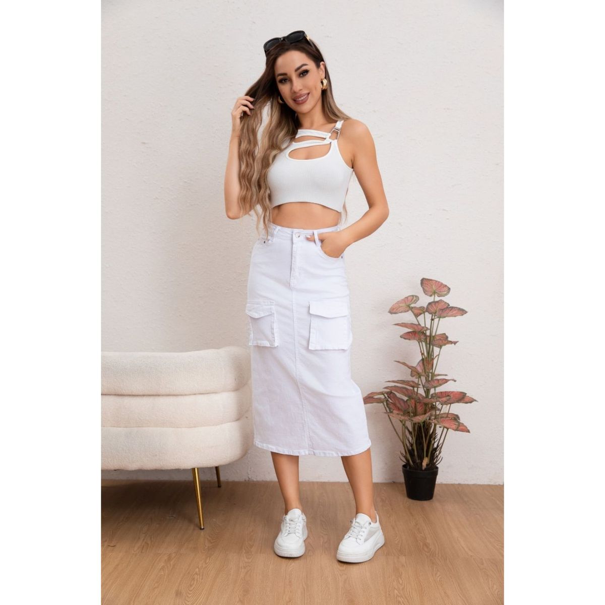 LIKE SHOP - Falda Larga Mujer Cargo Tiro Alto Jeans Full Elasticada 6018