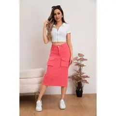 LIKE SHOP - Falda Larga Mujer Cargo Tiro Alto Jeans Full Elasticada 6018