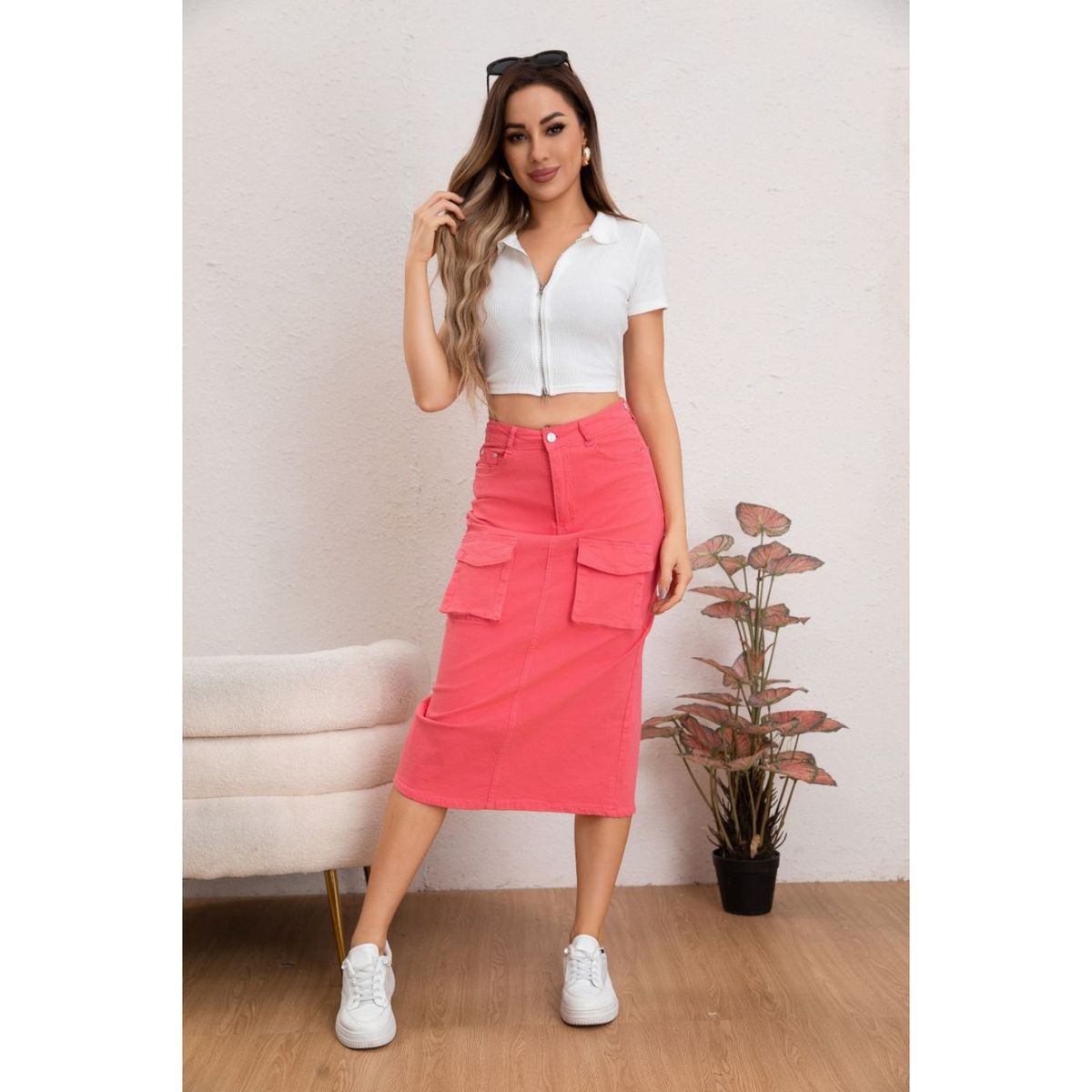 LIKE SHOP - Falda Larga Mujer Cargo Tiro Alto Jeans Full Elasticada 6018