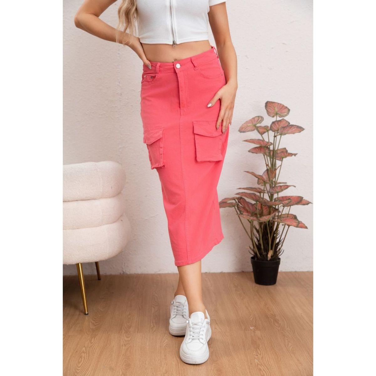 LIKE SHOP - Falda Larga Mujer Cargo Tiro Alto Jeans Full Elasticada 6018