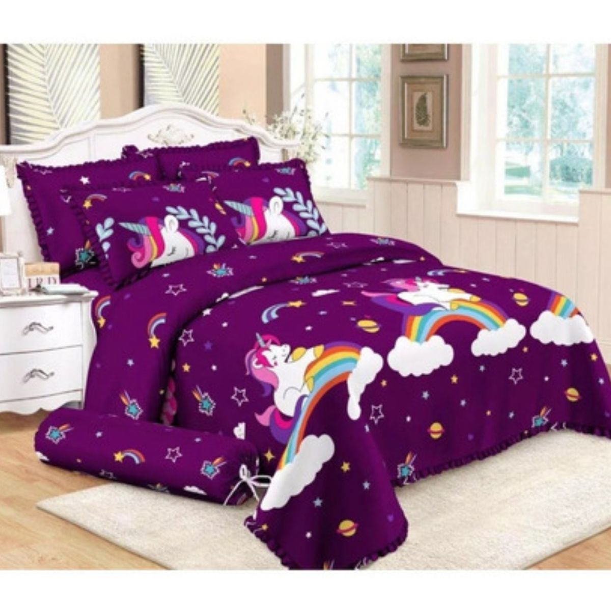 GENERICO - CUBRECAMA DE NIÑA VERANO UNICORNIO MORADO DE 1.5 PLAZAS TF