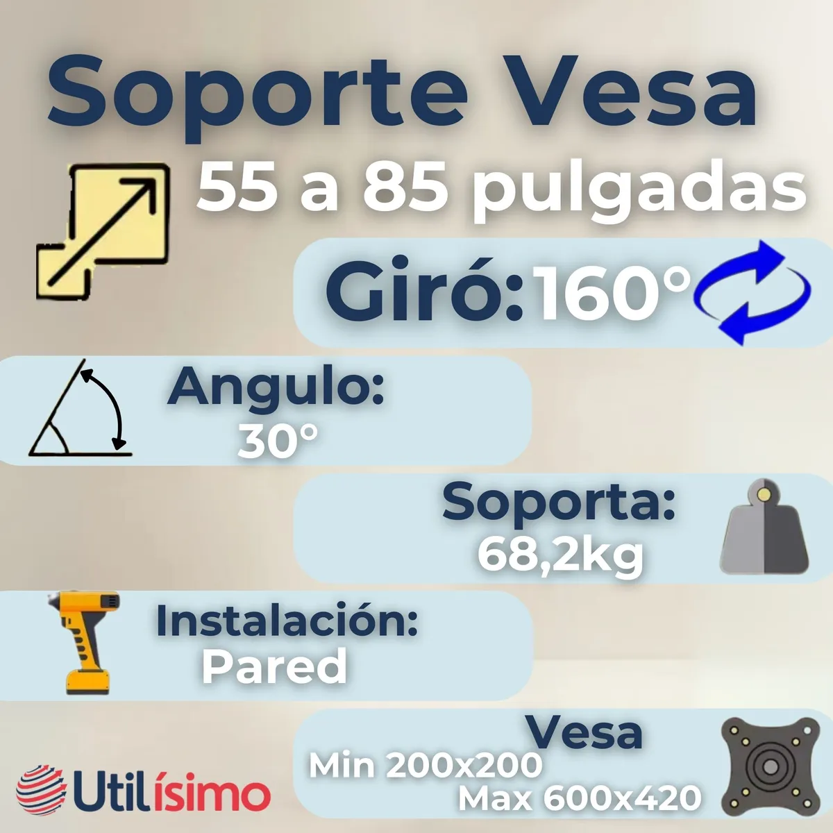 LINE - Soporte TV 55 a 85 Pulgadas 68Kg Soporte de Pared Ajustable
