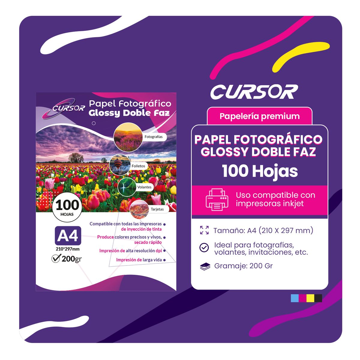 CURSOR - Papel Fotográfico Doble Faz Glossy Cursor A4 200 Gr 100 Hjs