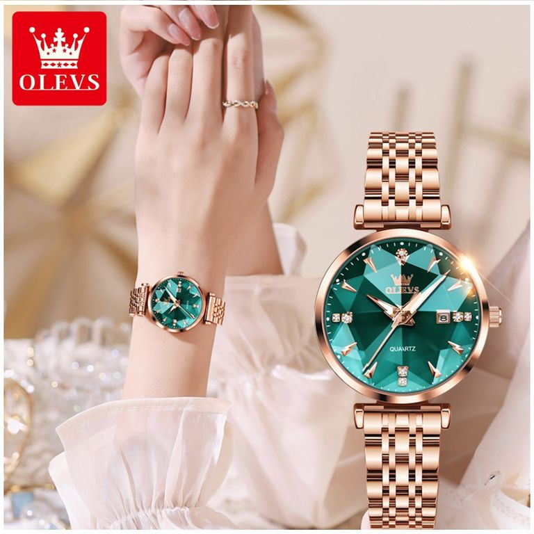Reloj Femenino de Cuarzo Rosado y Esfera Verde Facetada con Cristales Dorado TALLA UNICA