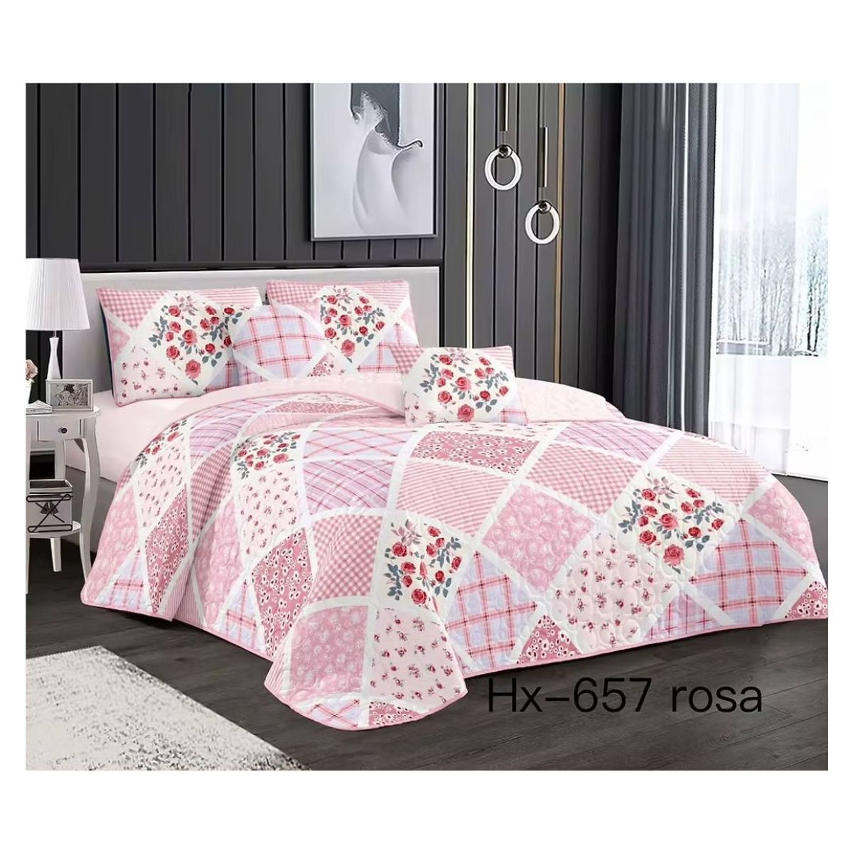 GENERICO - Cubrecama Quilt Verano 1.5 Plazas - Cuadrille Rosas KFL657