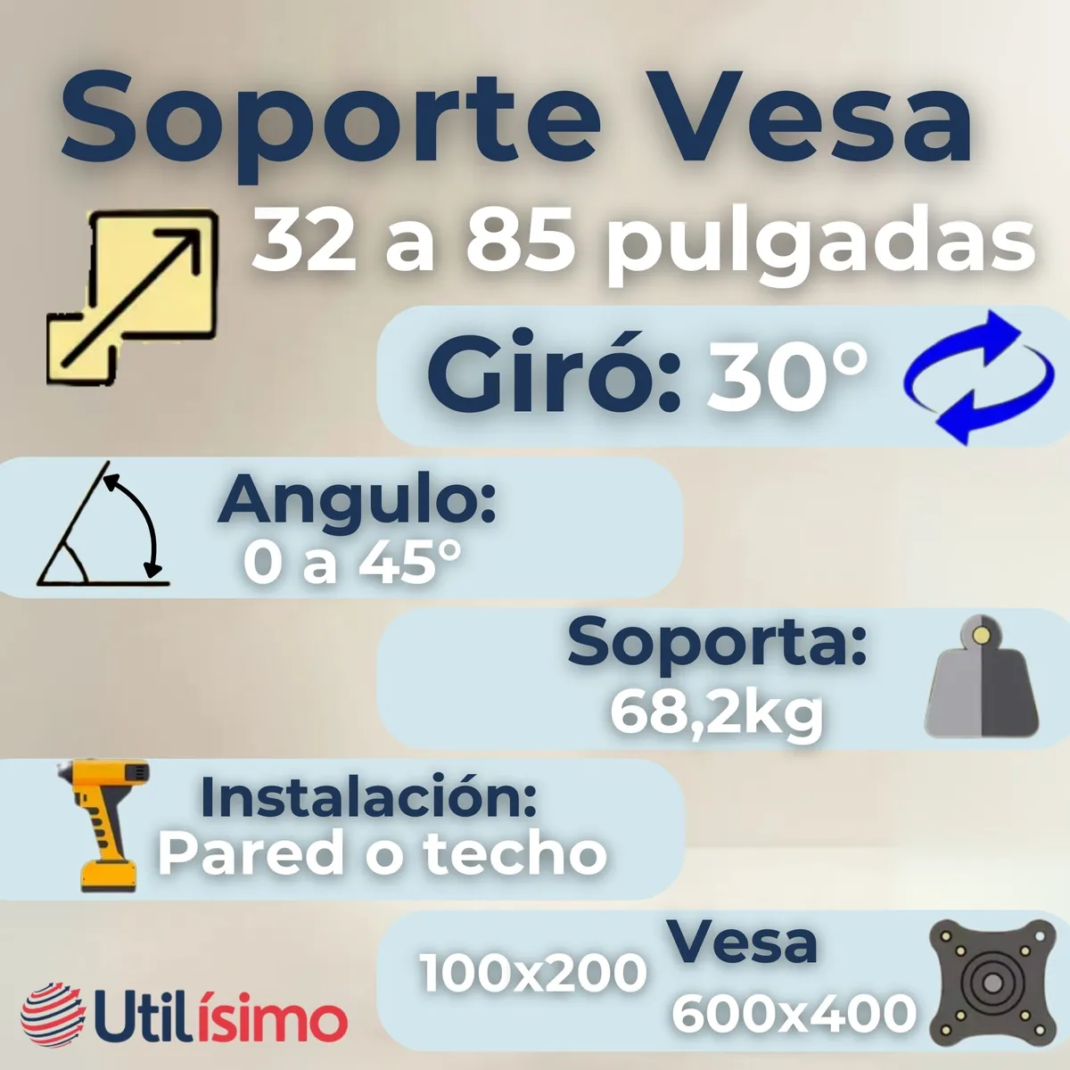 LINE - Soporte TV 32 a 85 Pulgadas 68Kg Soporte TV Pared Techo Ajustable