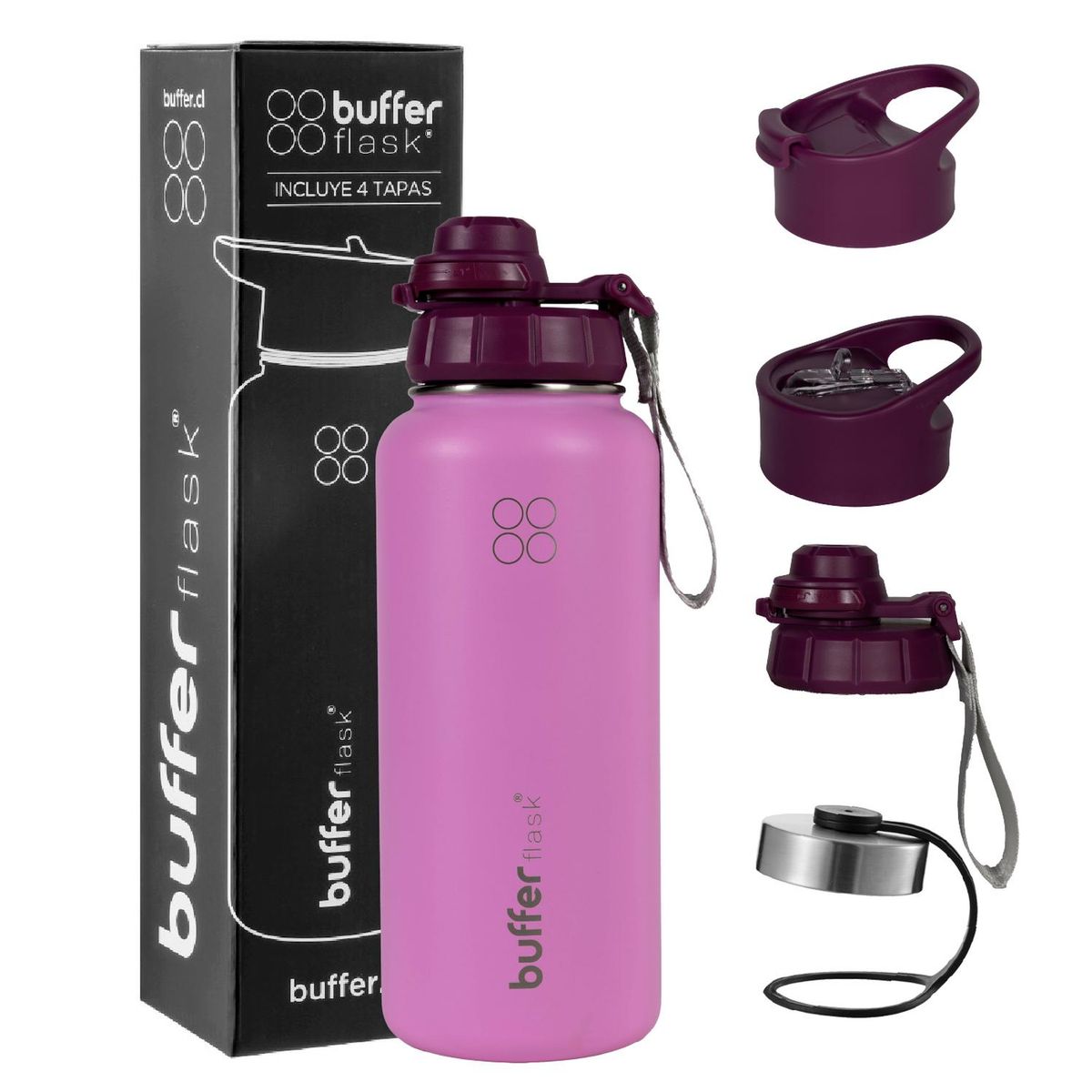 BUFFER FLASK - Termo Botella Agua Termica Acero Inox + Tapas - Violeta