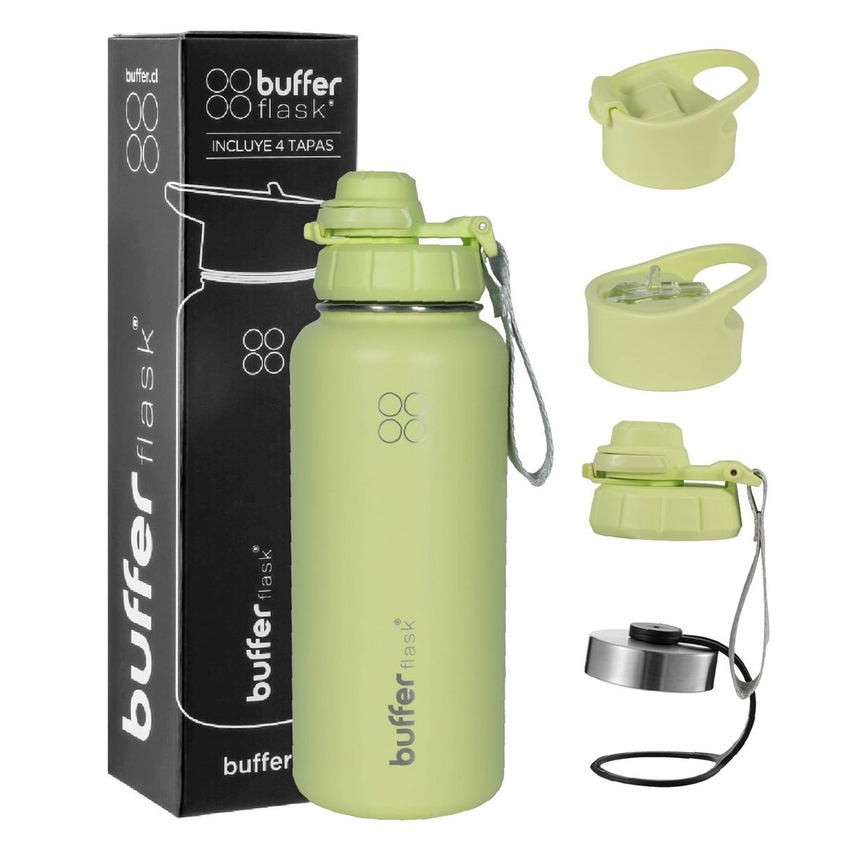 BUFFER FLASK - Termo Botella Agua Termica Acero Inox + Tapas - Verde claro