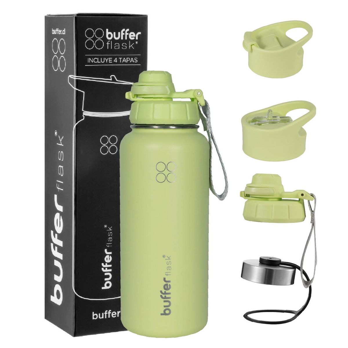 BUFFER FLASK - Termo Botella Agua Termica Acero Inox + Tapas - Verde claro