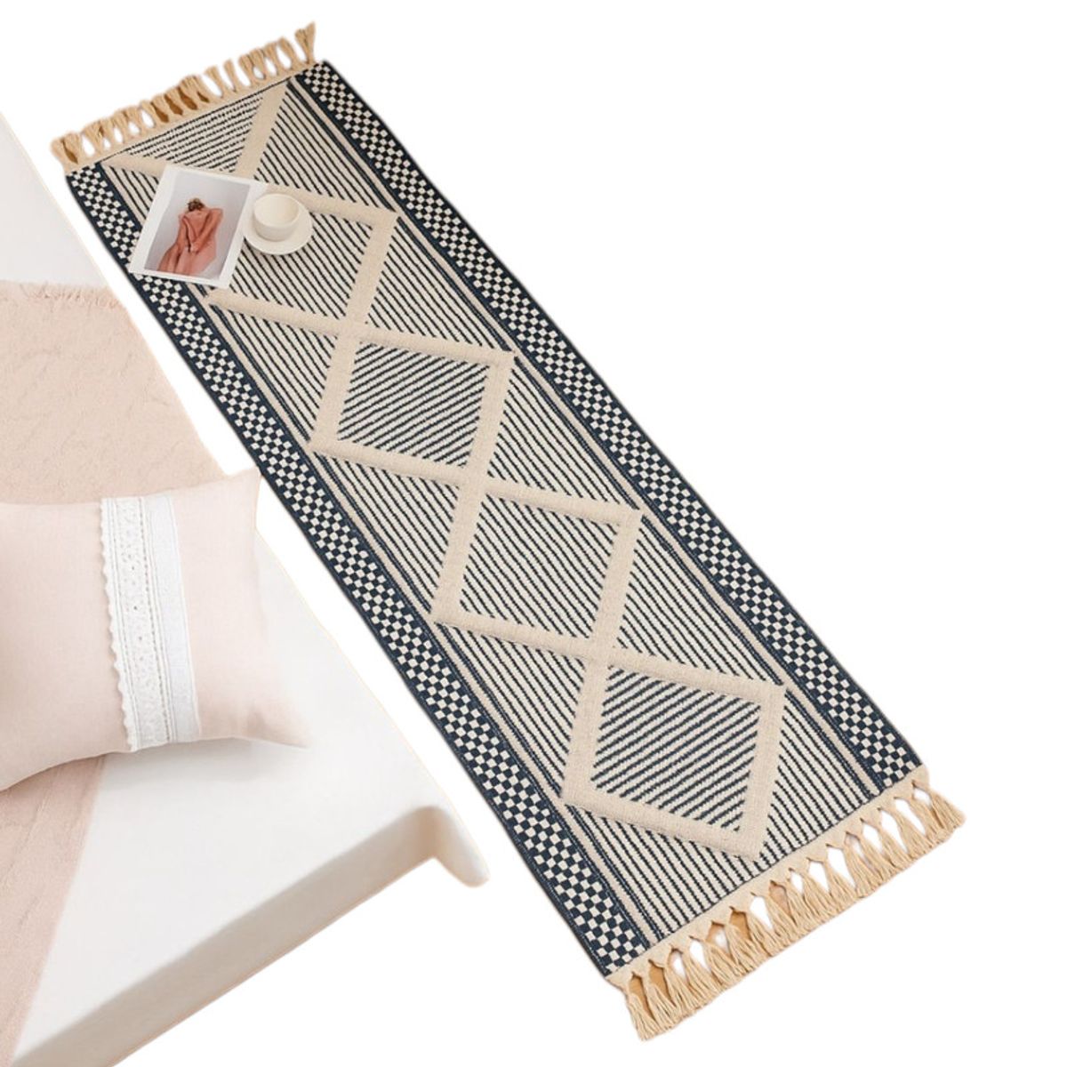 GENERICO - Pasillera Baja De Cama Kelim Tejida Flecos Alfombra 180x60cm