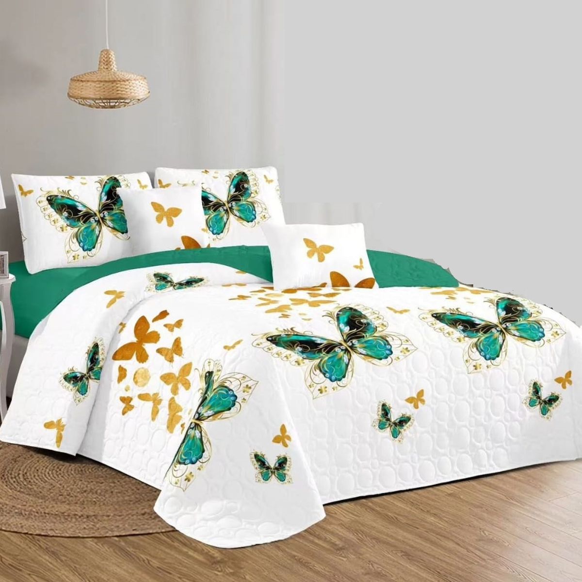 GENERICO - CUBRECAMA KING MARIPOSAS VERDE TENG FEI DELGADO DE VERANO