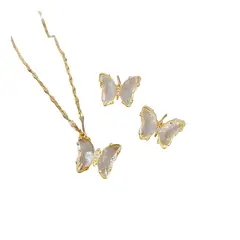 ZG JOYAS - Set Collar Aros Mariposa Cristal Galvanizado En Oro 14k